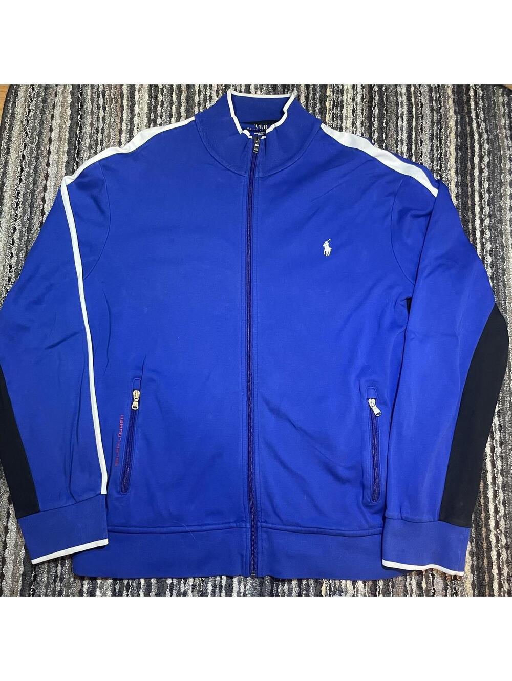 Polo Ralph Lauren Jacket Mens Large Blue White Full Zip Track Performance Casual